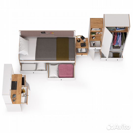 Мебель для большой молодёжной комнаты Вуди компоновка № 39, цвет белый премиум/дуб крафт золотой/сав