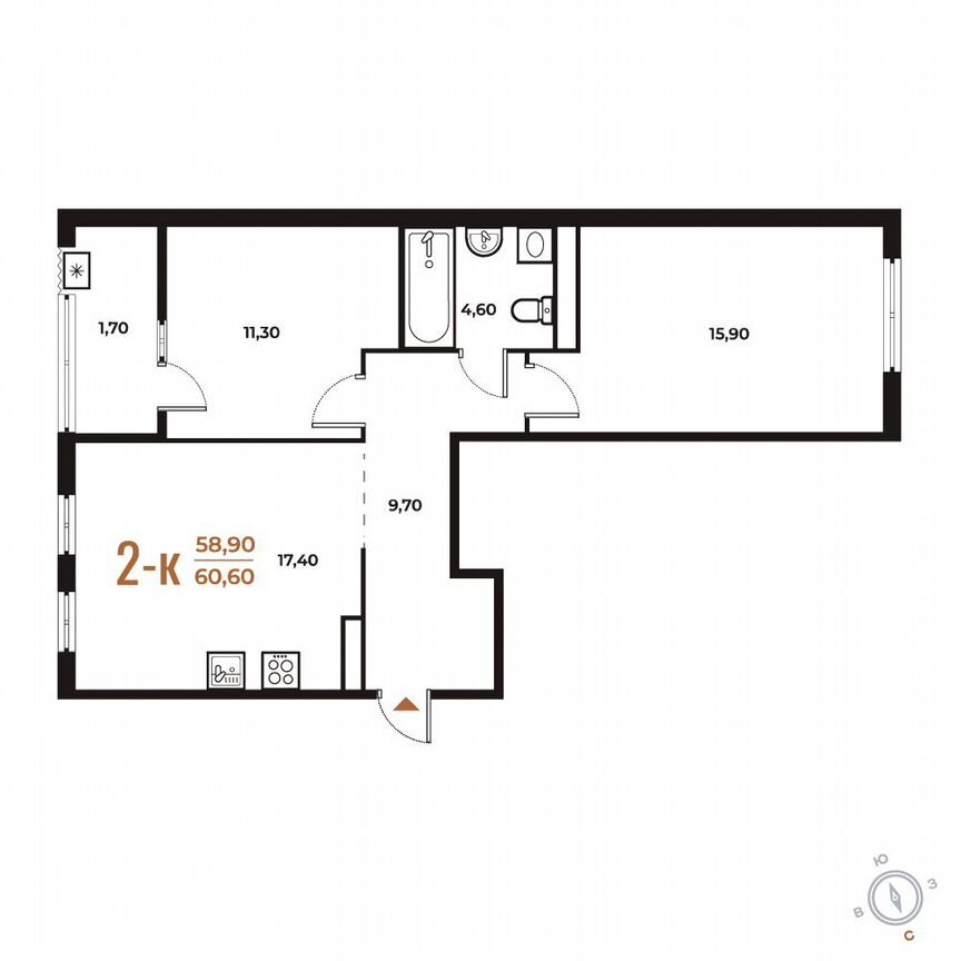 2-к. квартира, 60,6 м², 3/8 эт.