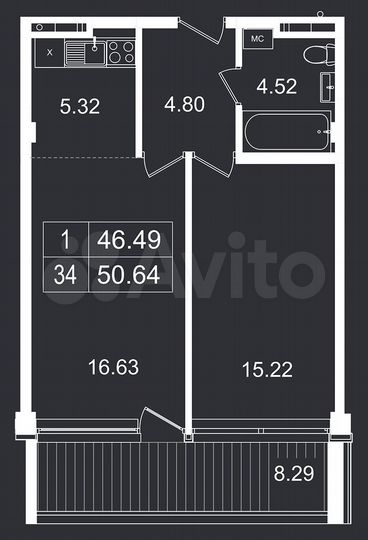 2-к. апартаменты, 50,6 м², 6/8 эт.