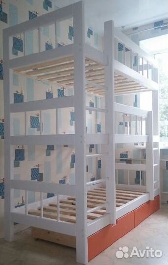 Трехъярусная кровать розовая с ящиками EcoSkarb