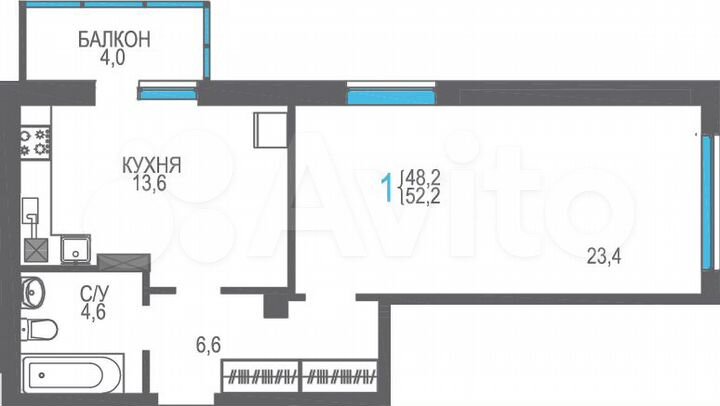 1-к. квартира, 52,2 м², 5/9 эт.