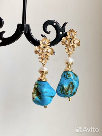 Серьги с натур.камнями (турквенит, жемчуг)