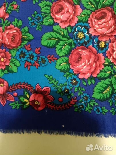 Синий яркий павловопосадский платок. Шерсть