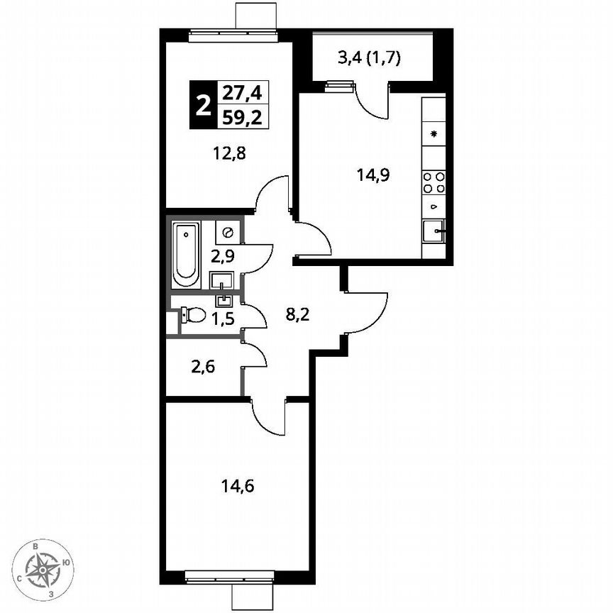 2-к. квартира, 59,2 м², 13/14 эт.