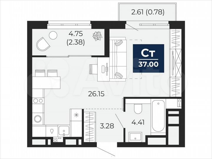 Квартира-студия, 37 м², 12/21 эт.