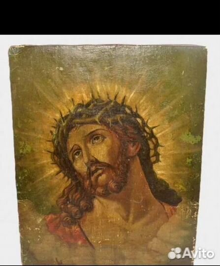 Икона старинная на холсте Спас в терновом венце