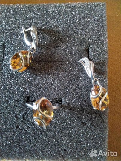 Серьги и кольцо цитрин серебро 925 пробы