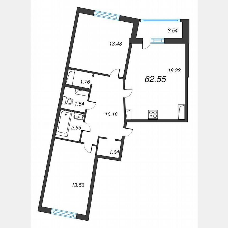 2-к. квартира, 64,4 м², 11/22 эт.
