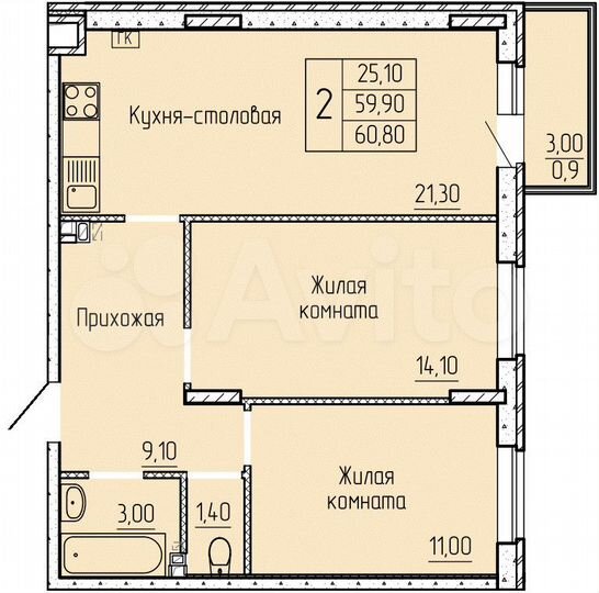 2-к. квартира, 59,8 м², 4/4 эт.