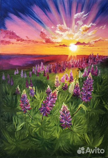 Картина маслом Закат и люпины