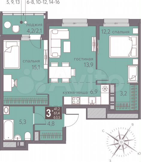 3-к. квартира, 63,5 м², 13/16 эт.