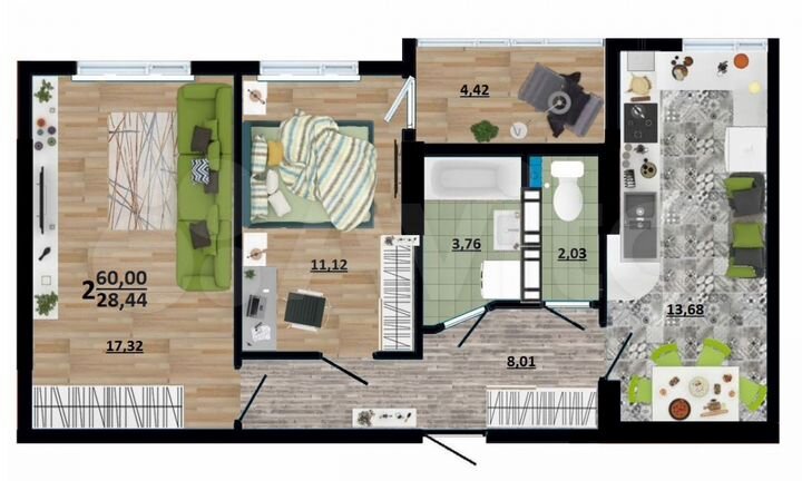 2-к. квартира, 60 м², 3/10 эт.