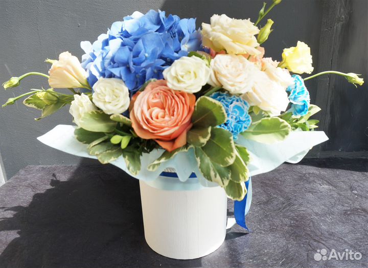 Цветы в коробке Гортензия Эустома Розы