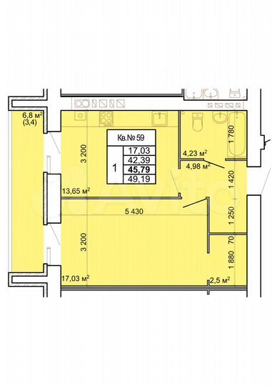 1-к. квартира, 45,8 м², 6/9 эт.