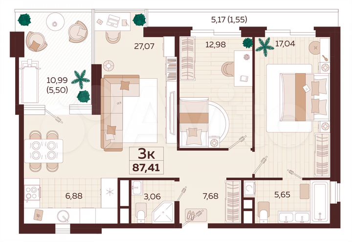 3-к. квартира, 87,4 м², 4/7 эт.