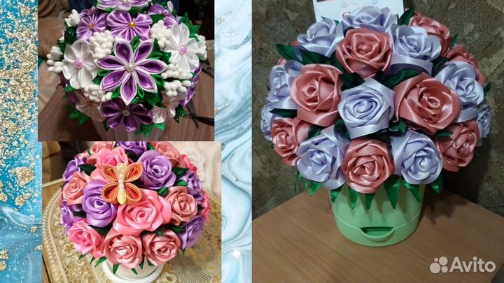 Цветы, картины и шкатулки из атласных лент