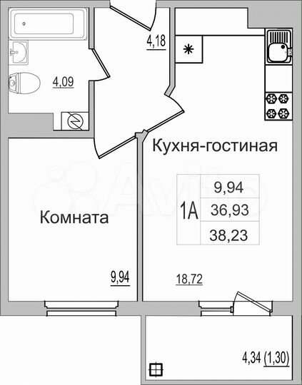 1-к. квартира, 38,2 м², 3/9 эт.