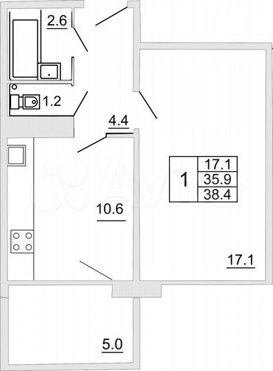 1-к. квартира, 38,4 м², 2/10 эт.