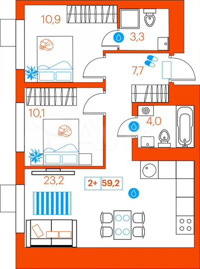 2-к. квартира, 59,2 м², 7/21 эт.