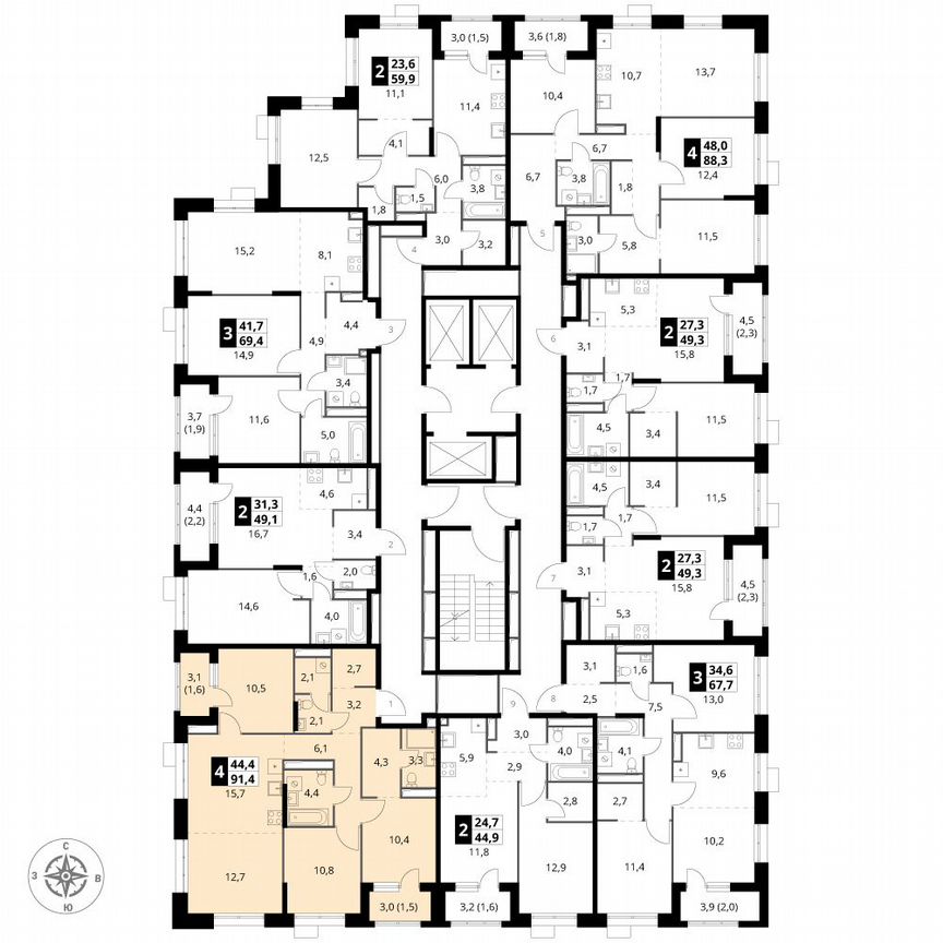 4-к. квартира, 91,4 м², 13/25 эт.