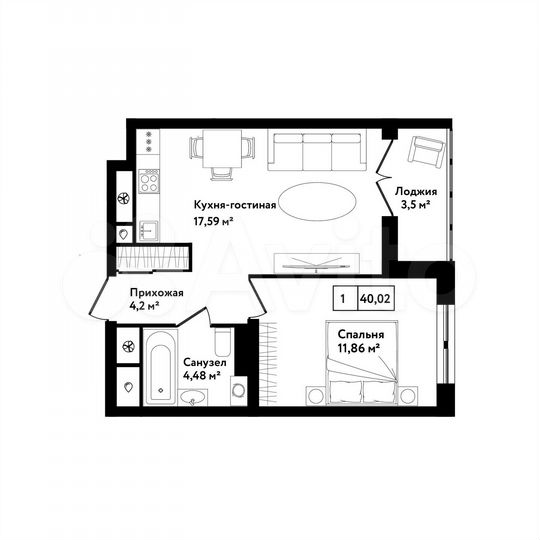 1-к. квартира, 40 м², 2/25 эт.