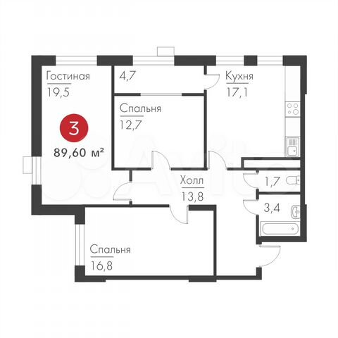 3-к. квартира, 89,6 м², 2/19 эт.