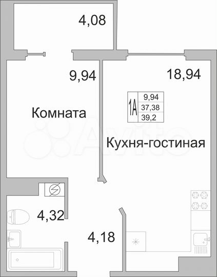 1-к. квартира, 39 м², 3/9 эт.