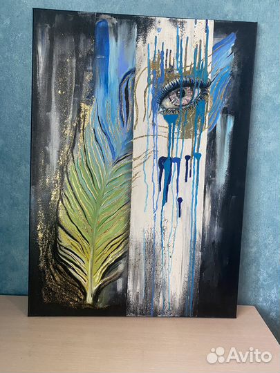 Картина Перо Павлина маслом на холсте ручная работ