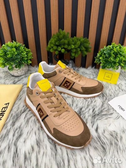 Кроссовки мужские Fendi кожа замша коричневые