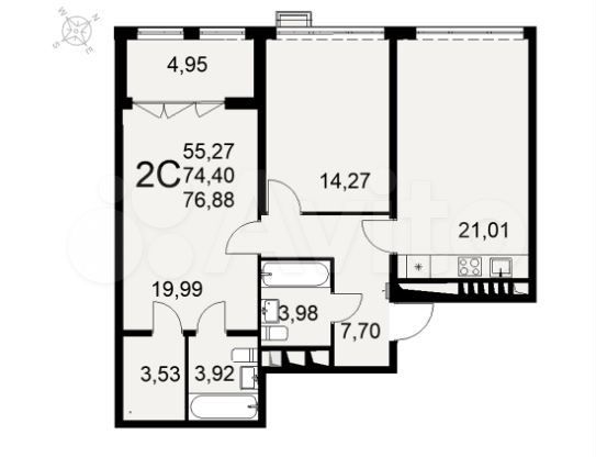 2-к. квартира, 77 м², 5/16 эт.