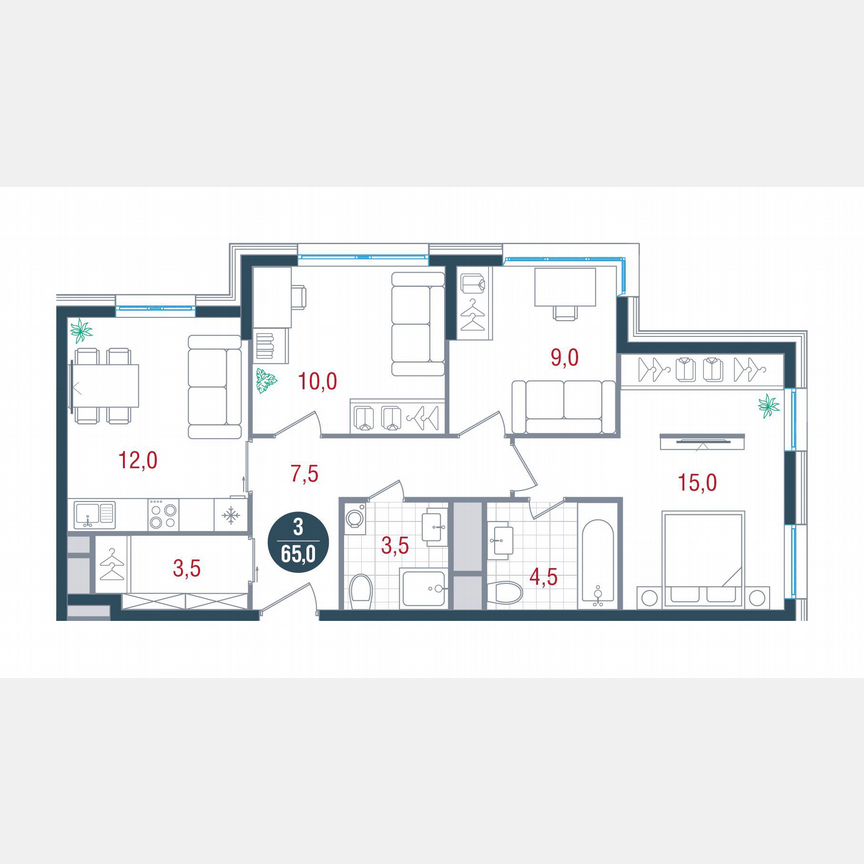 3-к. квартира, 65 м², 20/26 эт.