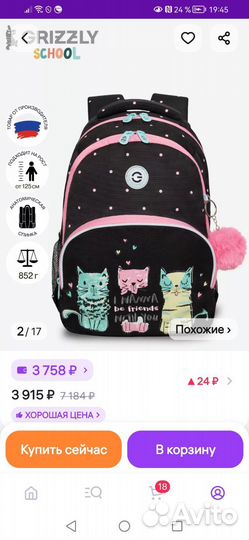 Новый школьный рюкзак для девочки grizzly