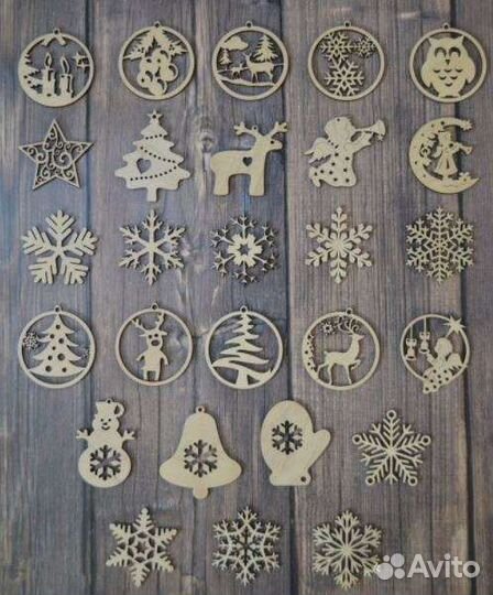 Новогодние игрушки из дерева. 27 штук в коробке