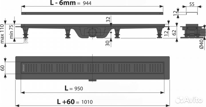 Душевой лоток AlcaPlast APZ10black-950M с решетко