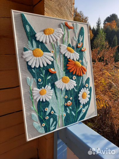 Картина панно ручная ковровая вышивка ромашки