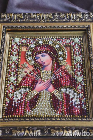 Икона вышитая хрусталем Семистрельная Богородица
