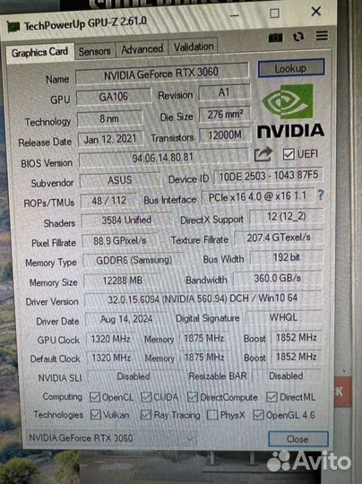 Видеокарта asus GeForce RTX 3060 TUF 12GB