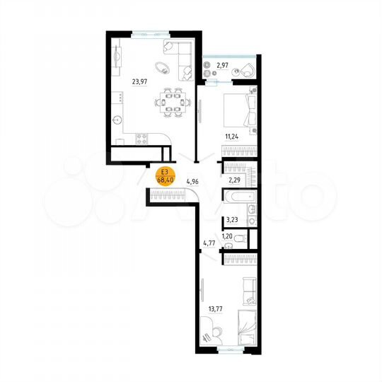 2-к. квартира, 68,4 м², 18/25 эт.
