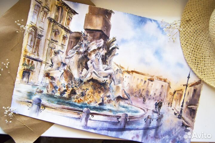 Картина акварелью городской Фонтан в Риме 38х56 см