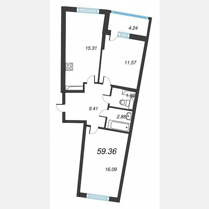 2-к. квартира, 61,5 м², 8/22 эт.