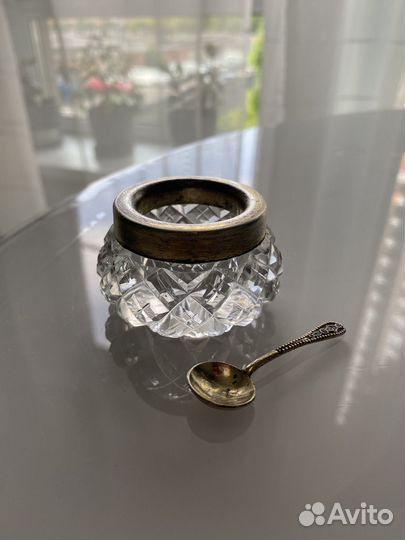 Солонка для соли с ложкой.Серебро/хрусталь СССР