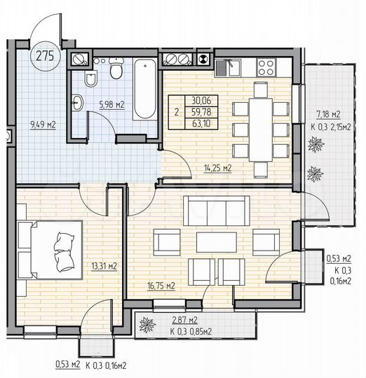 2-к. квартира, 63,7 м², 6/7 эт.