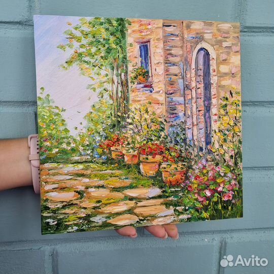 Картина маслом Прованс пейзаж цветы дом миниатюра