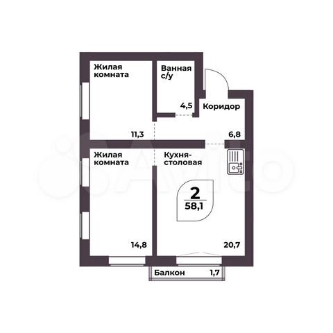 2-к. квартира, 58,1 м², 2/8 эт.