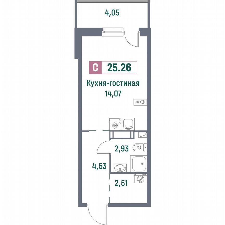 Квартира-студия, 25,4 м², 12/16 эт.