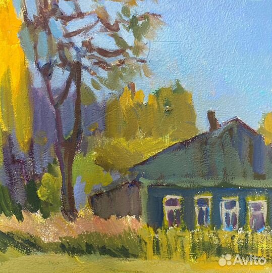 Картина маслом Береза у дома Пейзаж на холсте