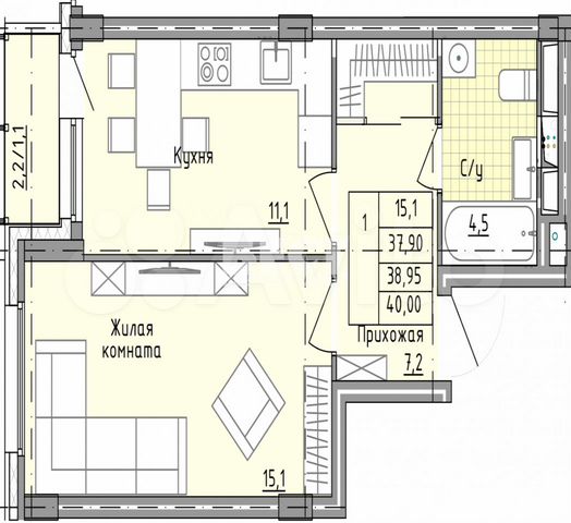 1-к. квартира, 40,1 м², 9/25 эт.