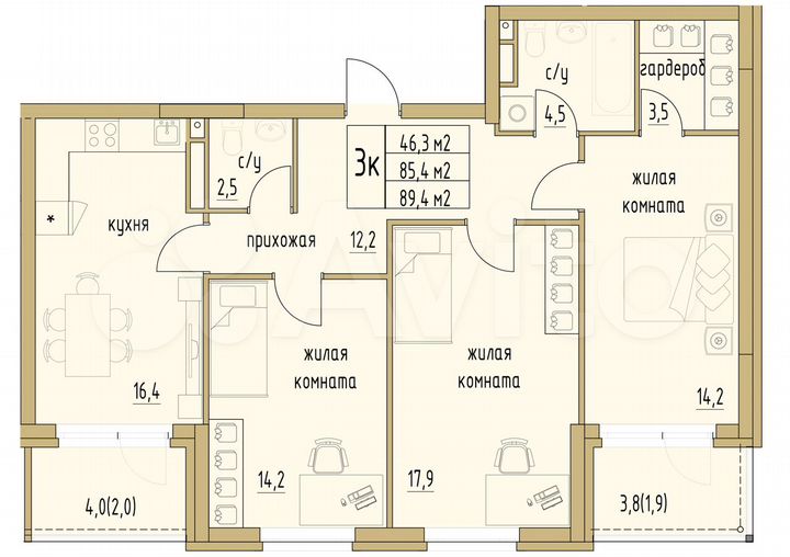 3-к. квартира, 89,4 м², 5/6 эт.