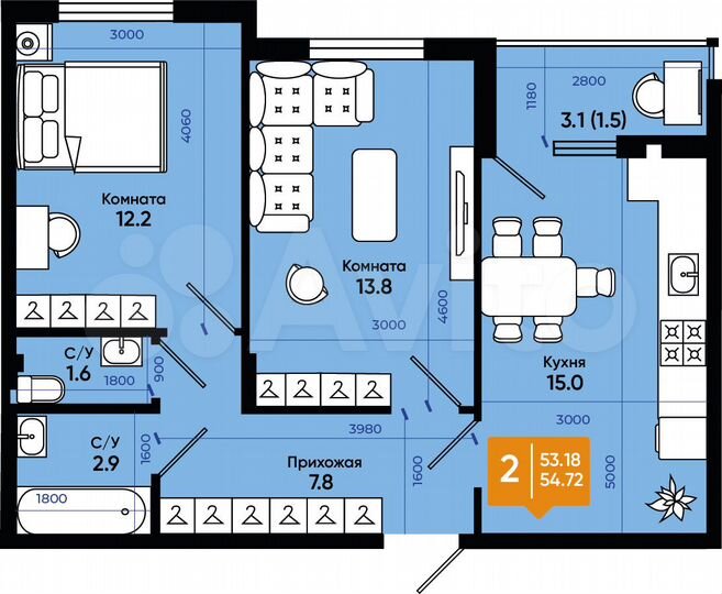 2-к. квартира, 54,7 м², 1/9 эт.
