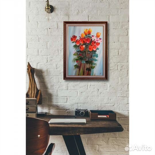 Картина масло холст 82*62 цветы розы букет